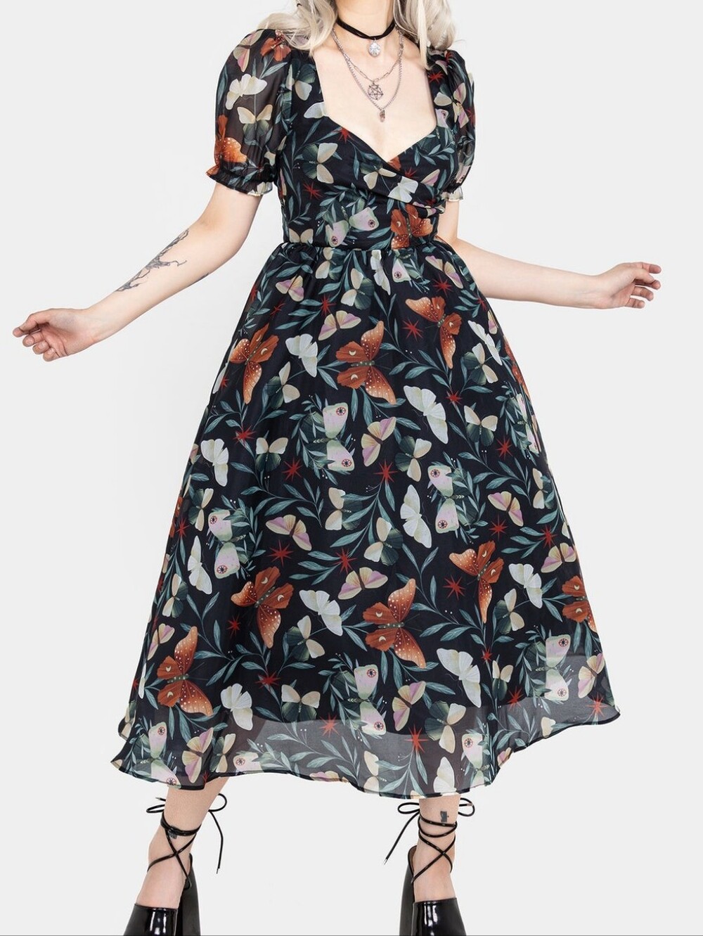 Disturbia Mariposa Puff Sleeve Organza Midi Dress, Size 10